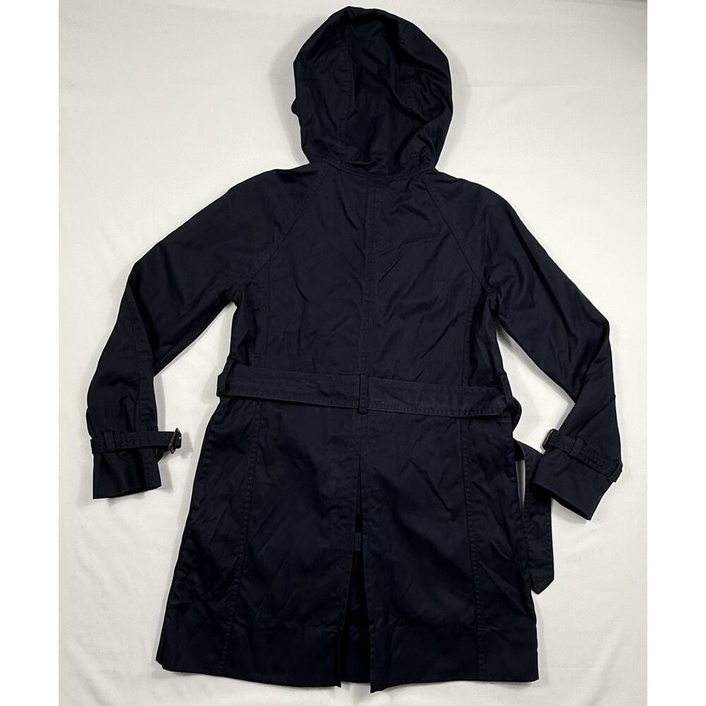 J.Crew Women Hooded Trench Coat Belted Cuffed Zip Navy Blue Cotton Size 2 - Picture 9 of 10
